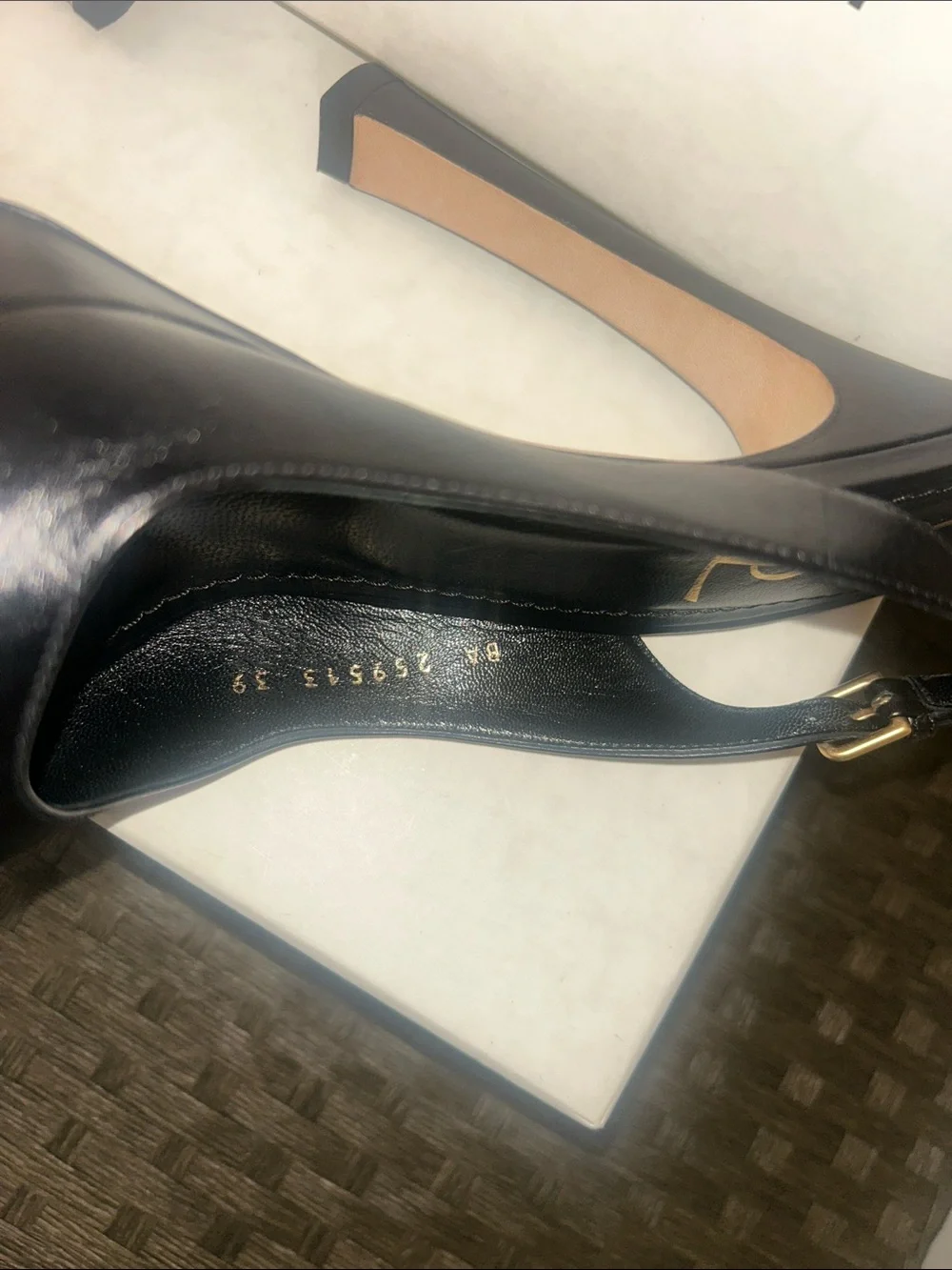 Saint Laurent Black Leather Peep-Toe Slingback Pumps with Gold YSL Logo - Picture 4 of 8
